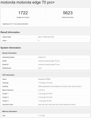 Motorola Edge 70 Pro+ Geekbench screenshot with specs, scores