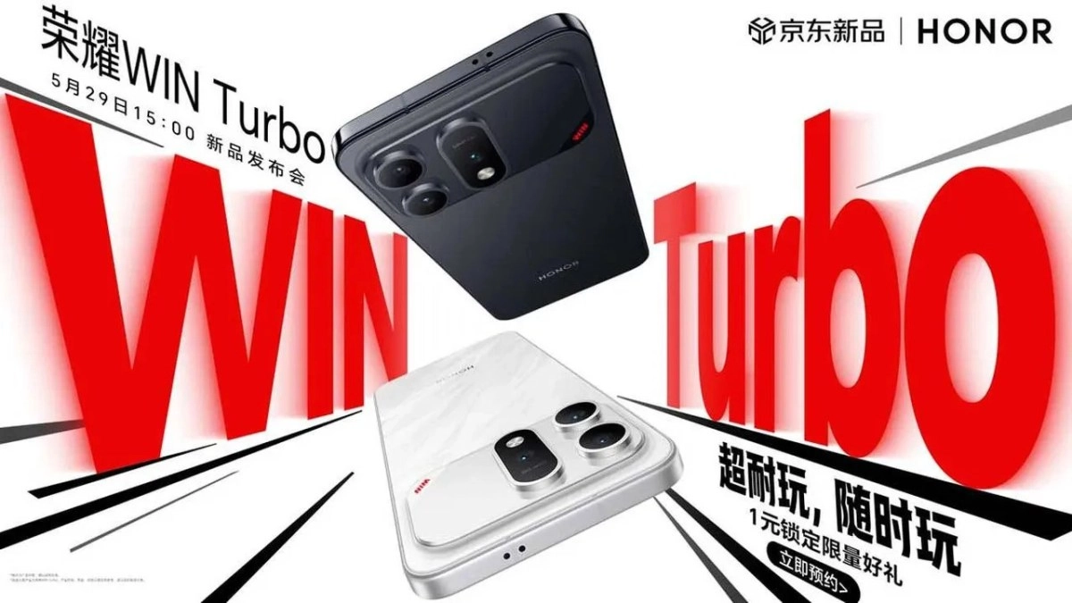 Honor WIN Turbo phones, black and white, large red text.