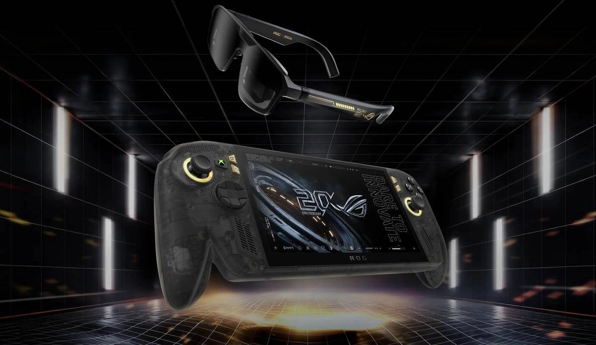 Asus ROG Ally X20 with glasses and screen