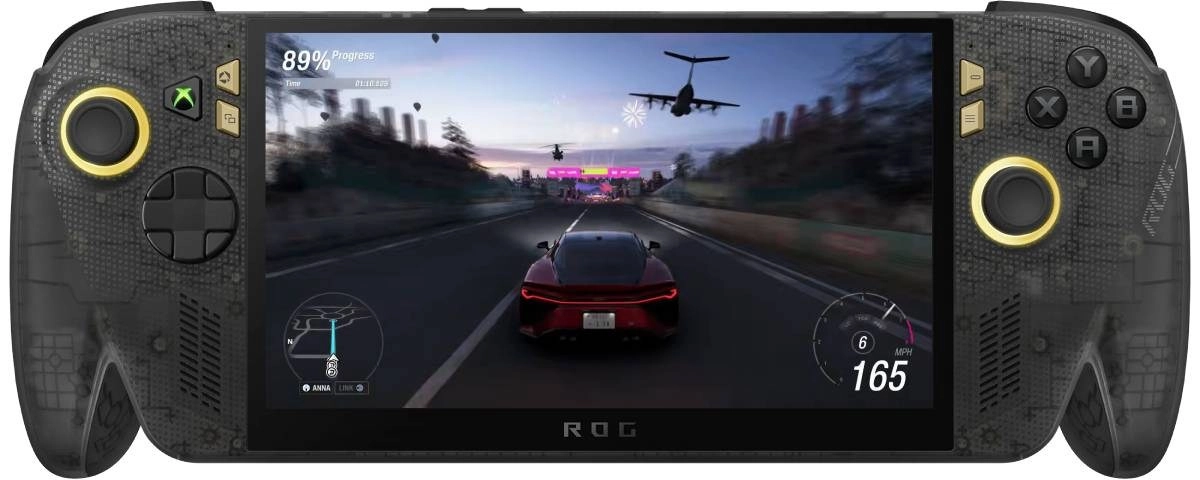 Asus ROG Ally X20 handheld playing racing game.