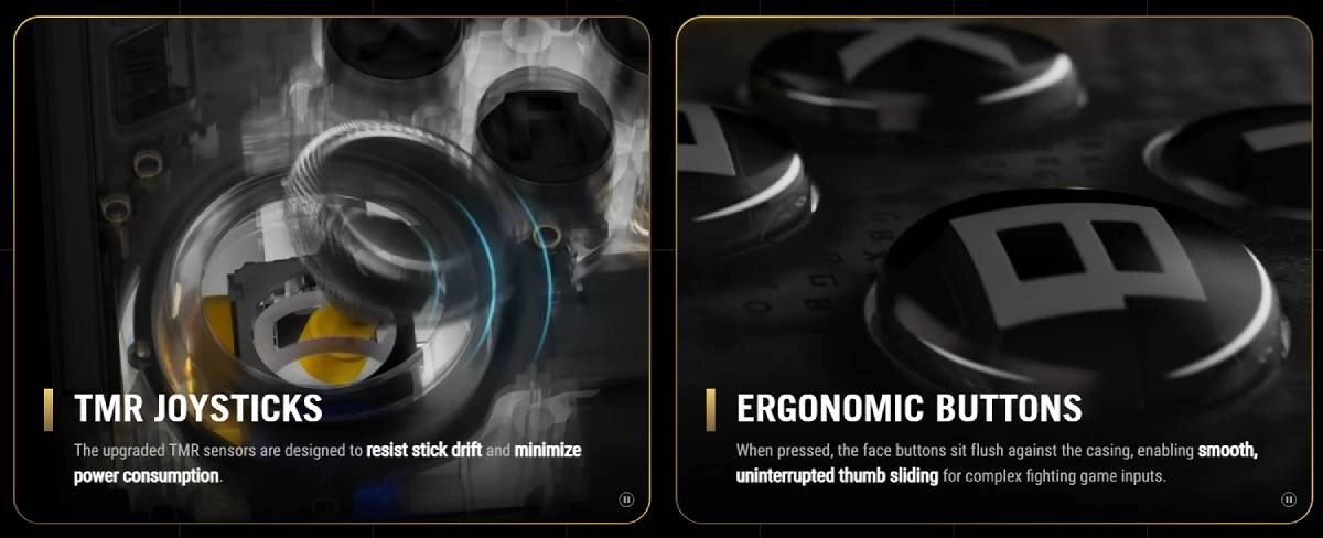 Asus ROG Ally X20 TMR joysticks and ergonomic buttons.