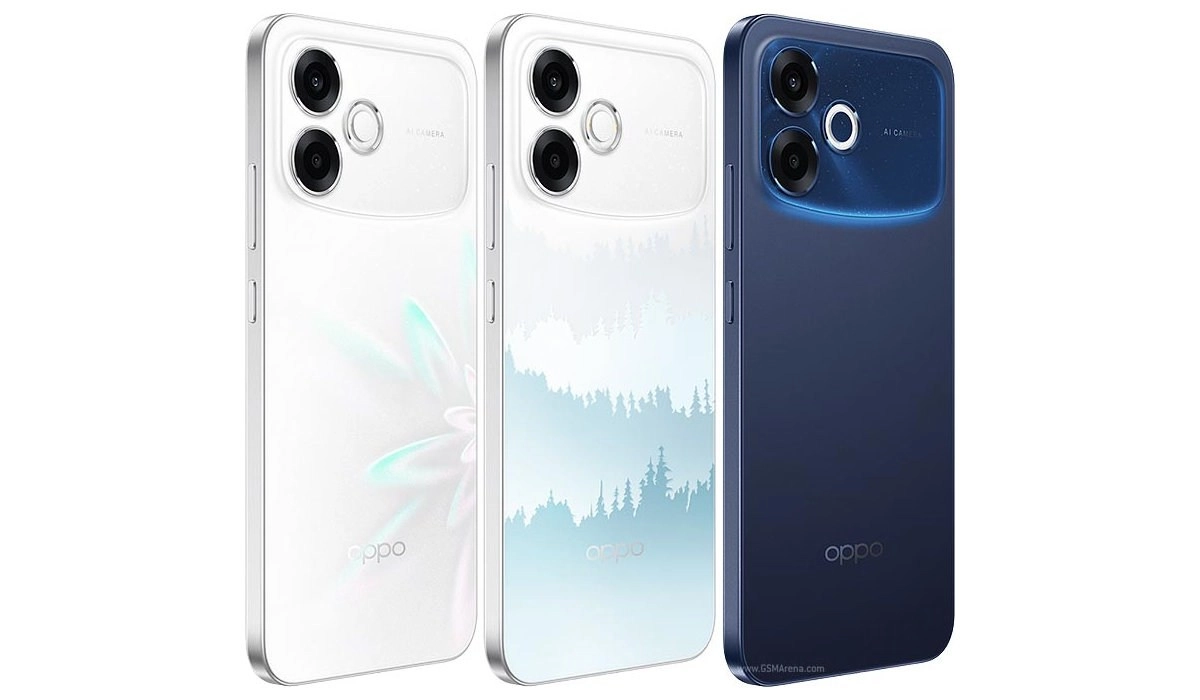Oppo A-series phones in white, blue, and forest design.