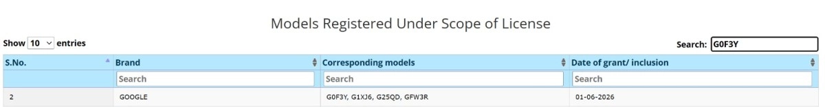 Google watch models certification listing G0F3Y