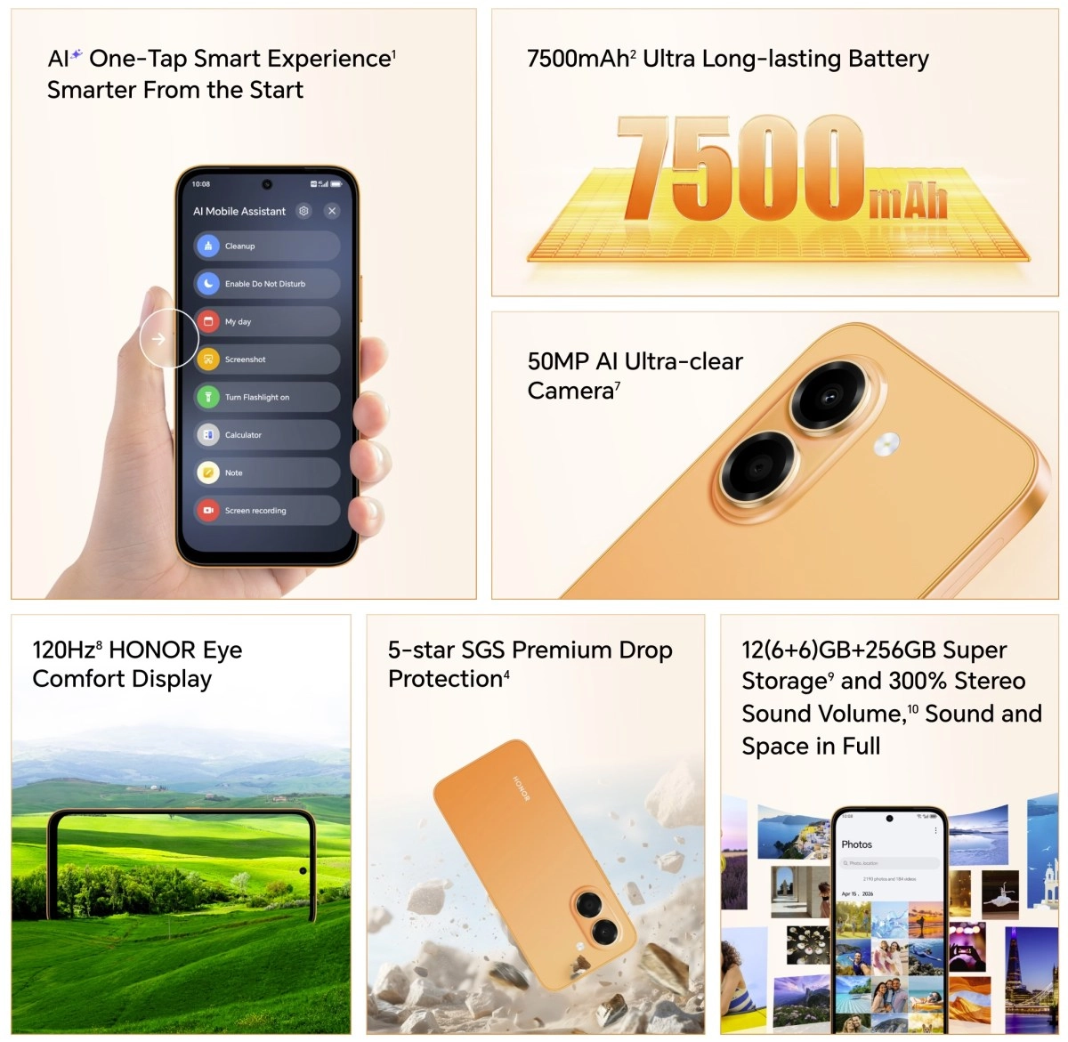 Honor X7e phone with 7500mAh battery, camera, display.