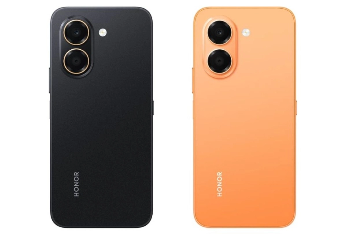 Honor X7e black and orange rear view.