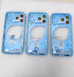 Three light blue iPhone 18 Pro Max aluminum frames.