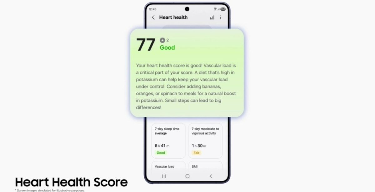Galaxy Watch heart health score via Samsung Health app.