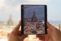Foldable phone screen displaying Barcelona's Sagrada Familia