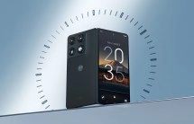 Motorola Razr Fold phone with clock graphic.