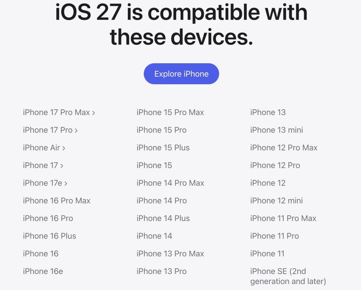 iOS 27 compatible iPhone devices list.