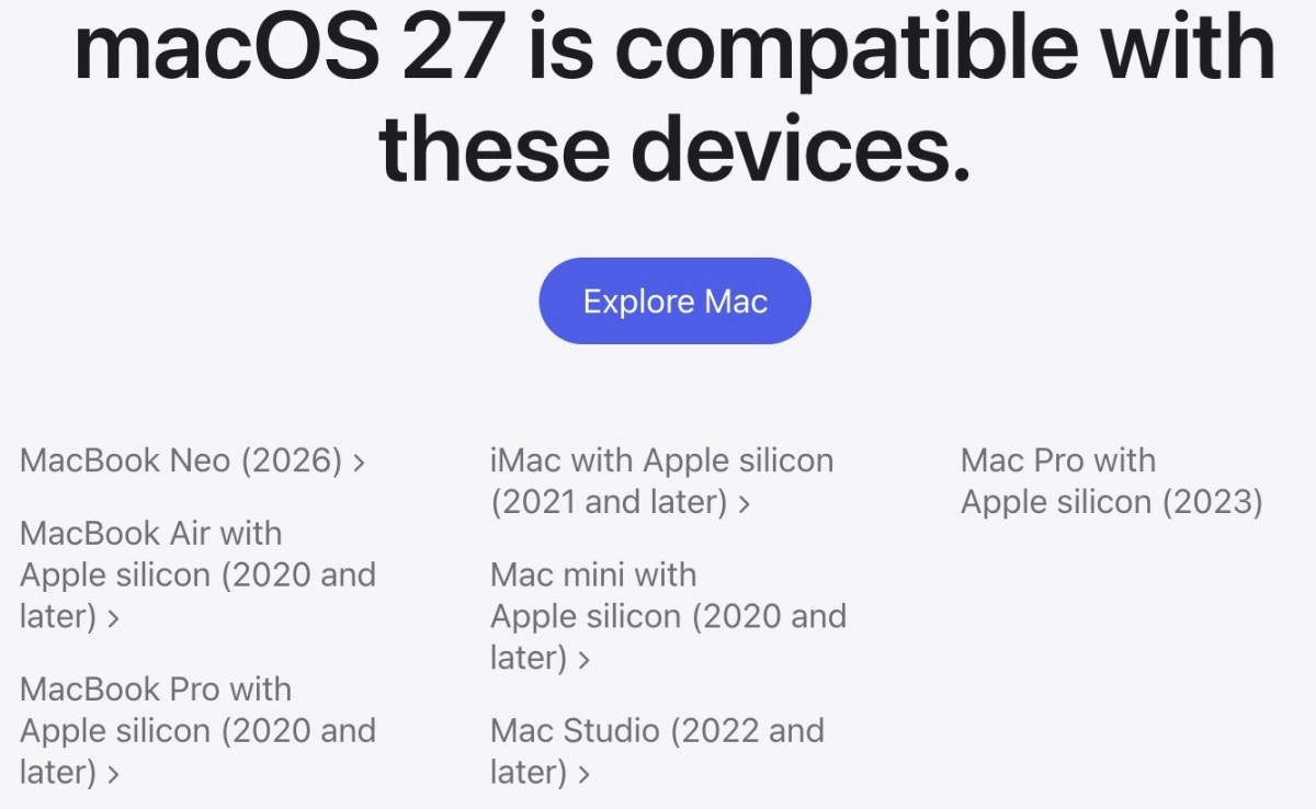 macOS 27 compatible device list with Macs.
