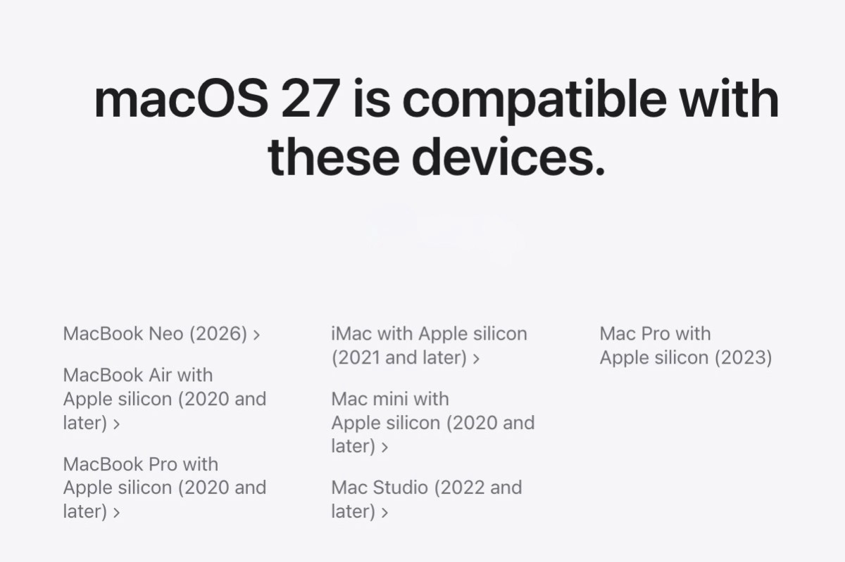 macOS 27 compatible devices list.
