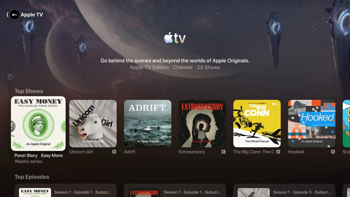 Apple TV interface showing top shows and episodes.