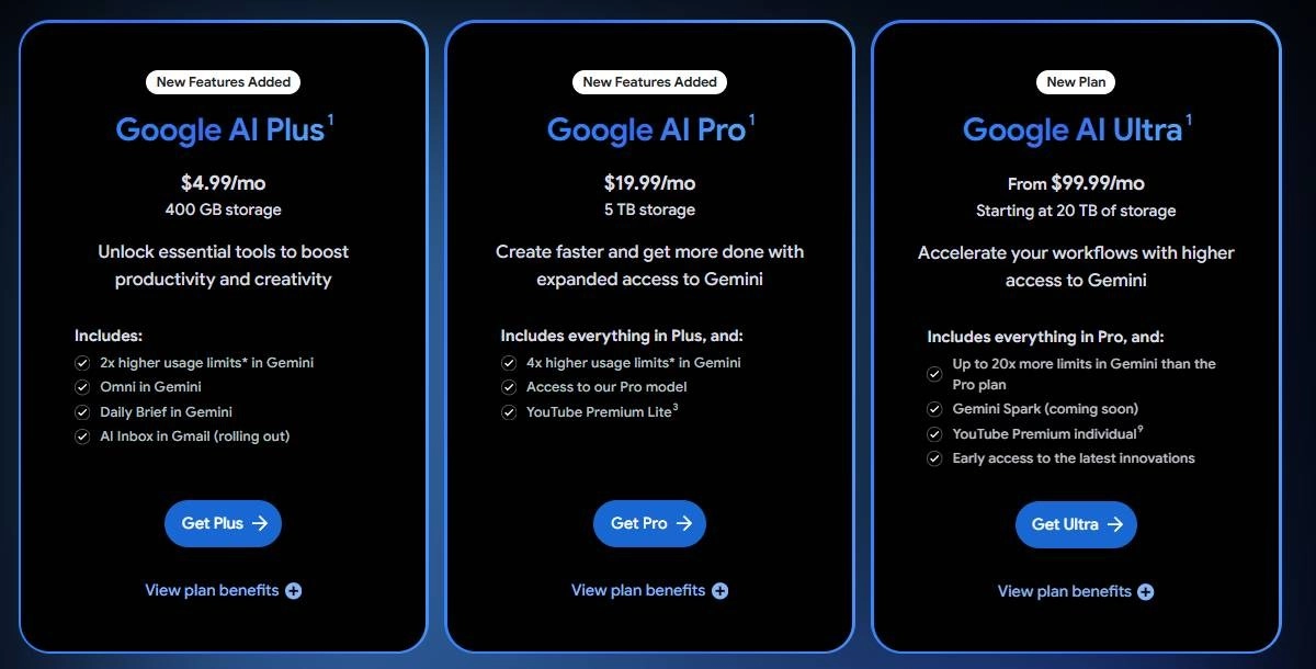 Google AI Plus, Pro, Ultra plans comparison.