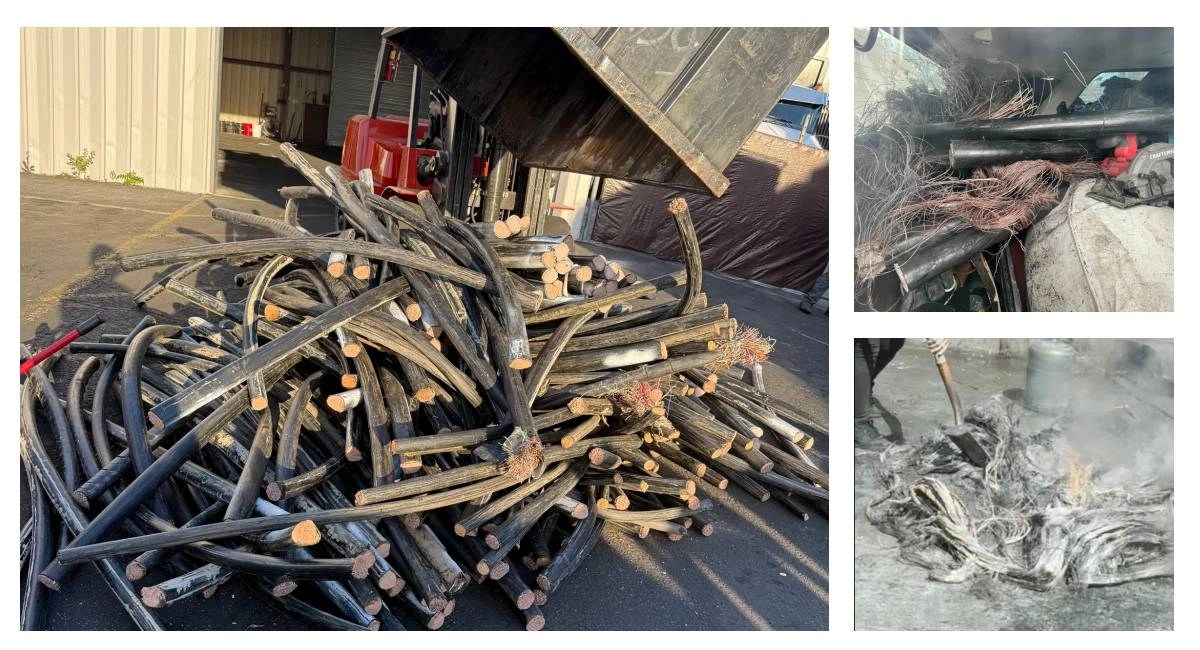 Pile of stripped copper cable from internet service theft.