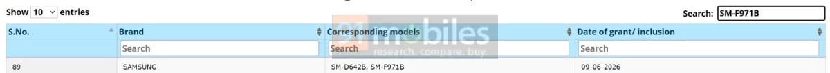 Samsung SM-F971B certification details in table.