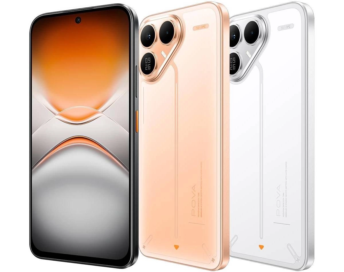 Tecno Pova 8 phones, orange and white.