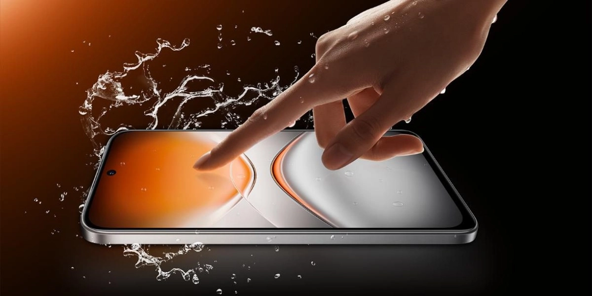 Hand touching wet Tecno Pova 8 display.