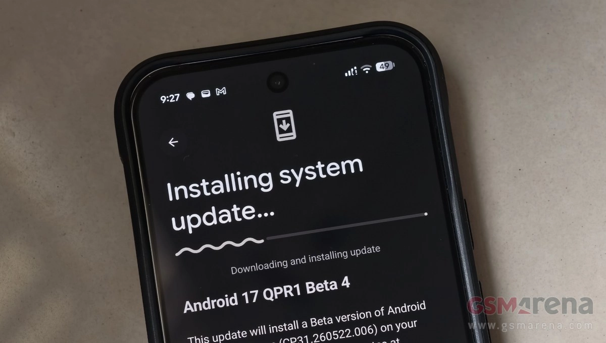 Phone installing Android 17 QPR1 Beta 4 update.
