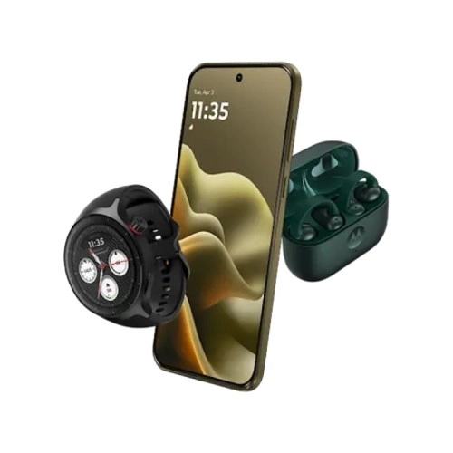Motorola Edge (2026) with smartwatch and earbuds.