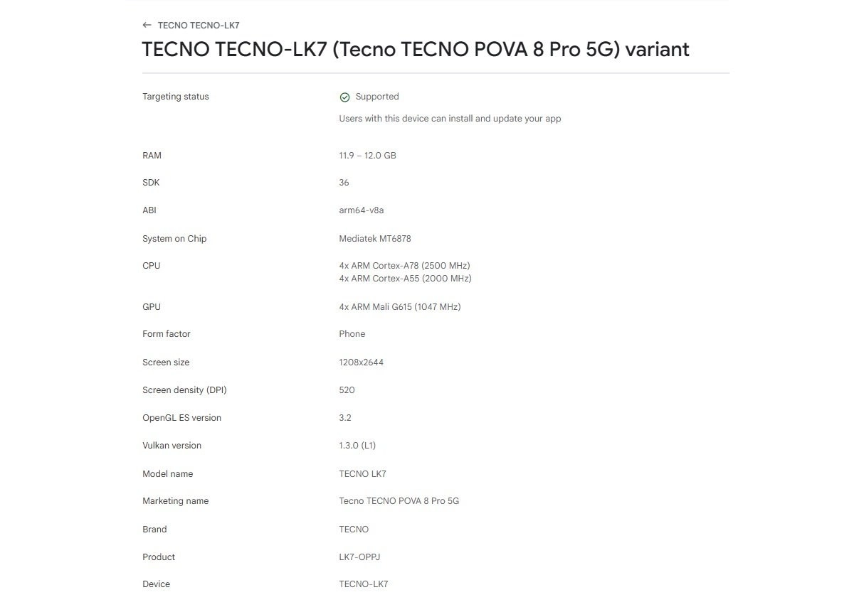 Tecno Pova 8 Pro 5G Google Play Console specifications