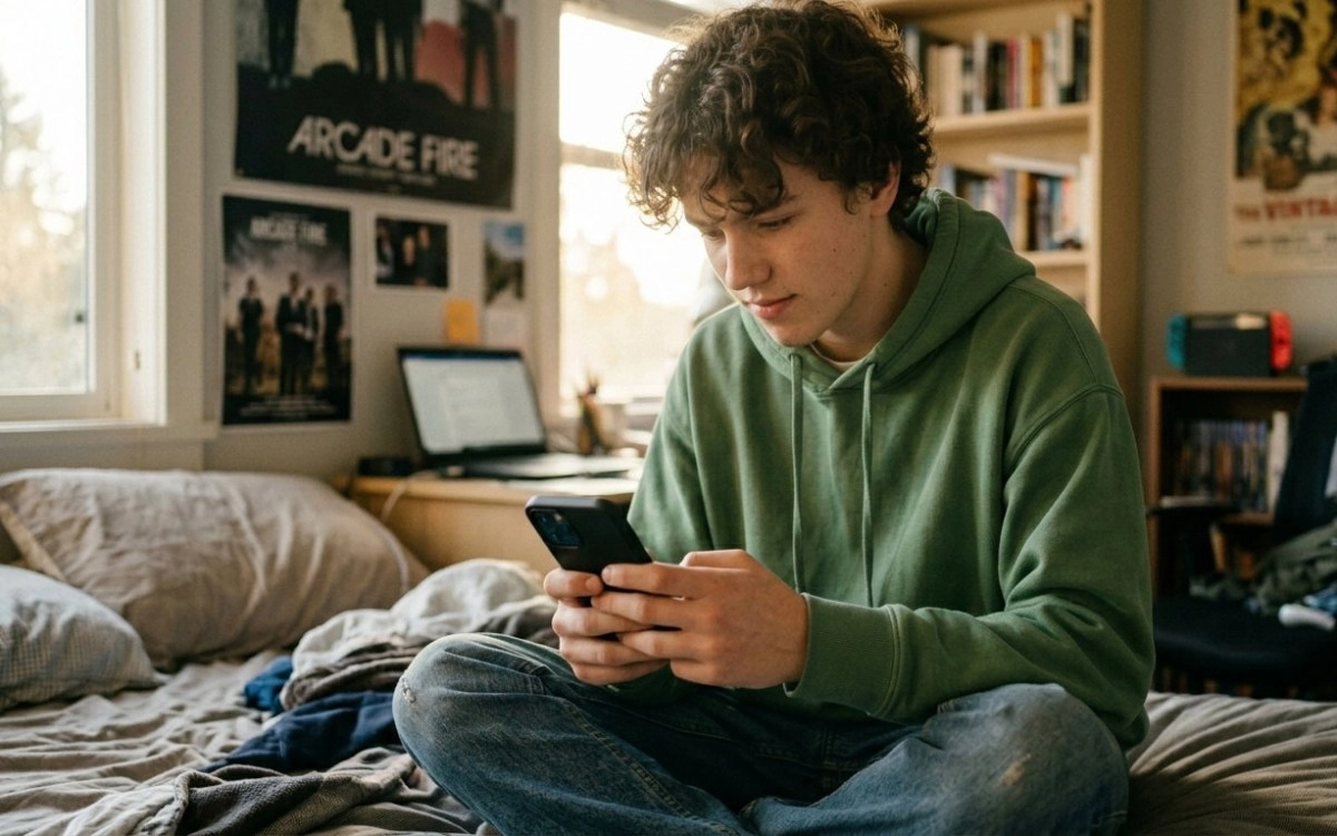 Teenager on phone, UK social media ban context.