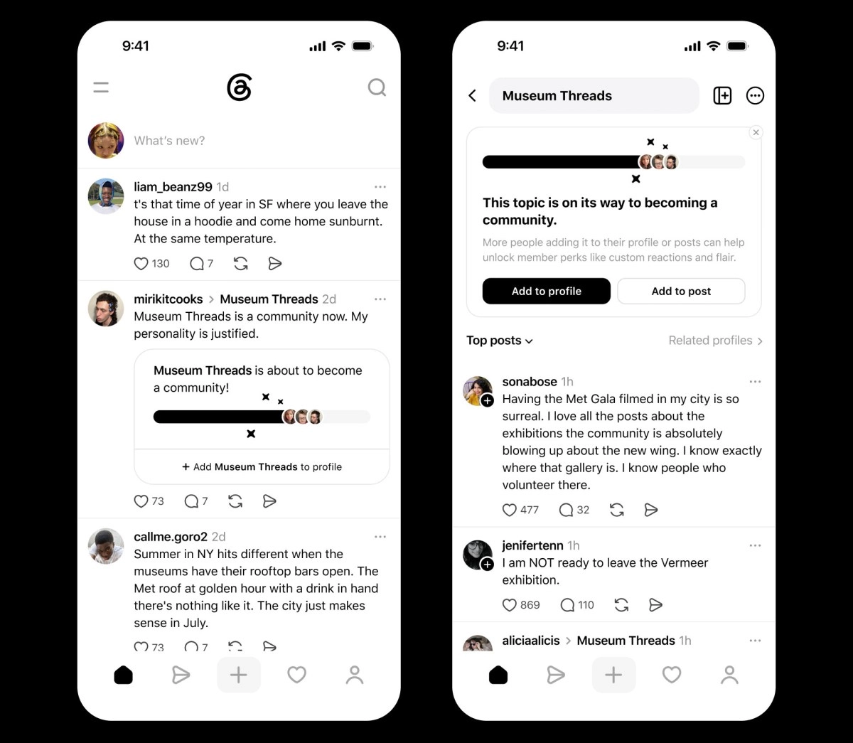 Threads app interface showing museum community discussions.
