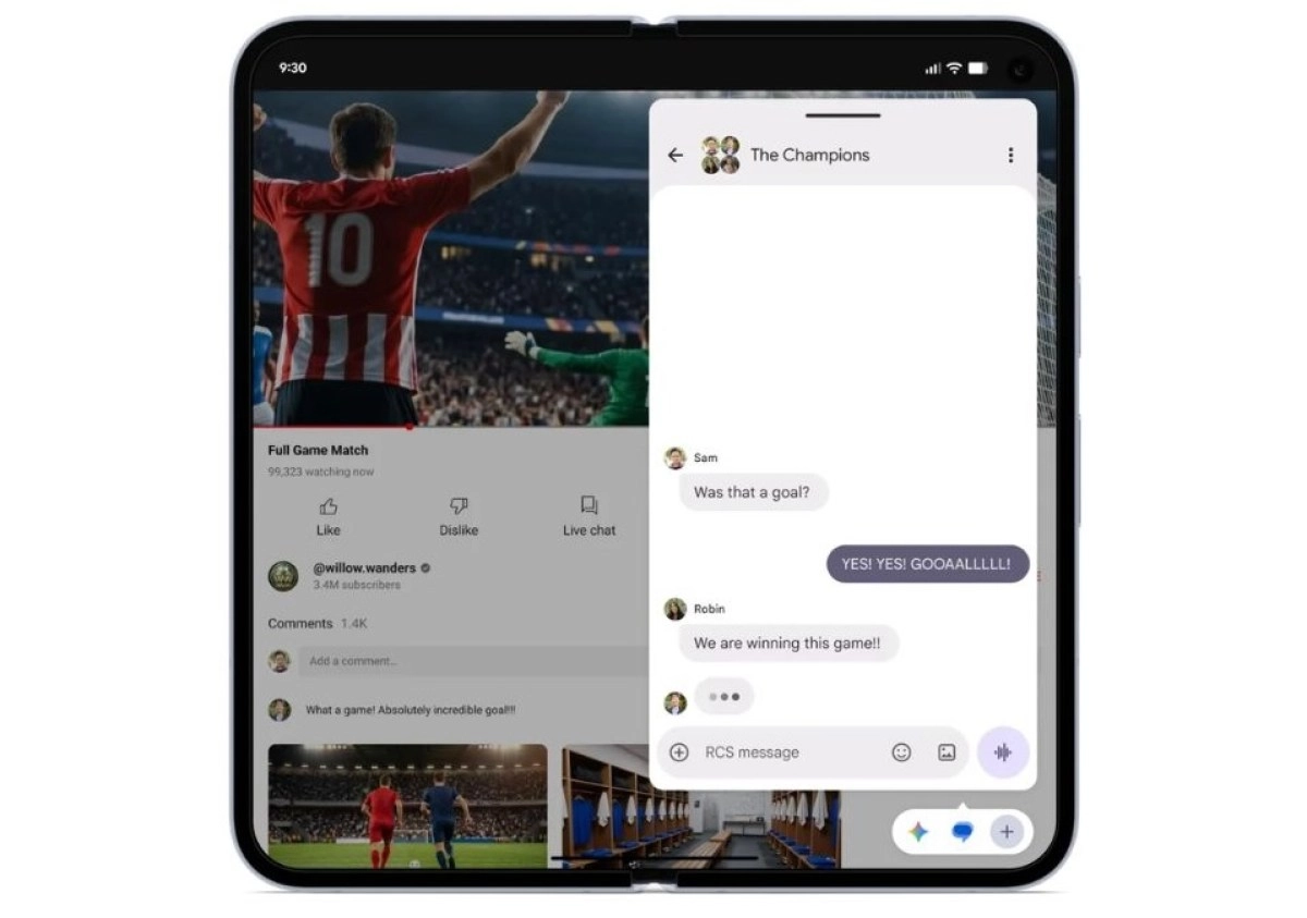 Pixel phone displaying YouTube and RCS chat.