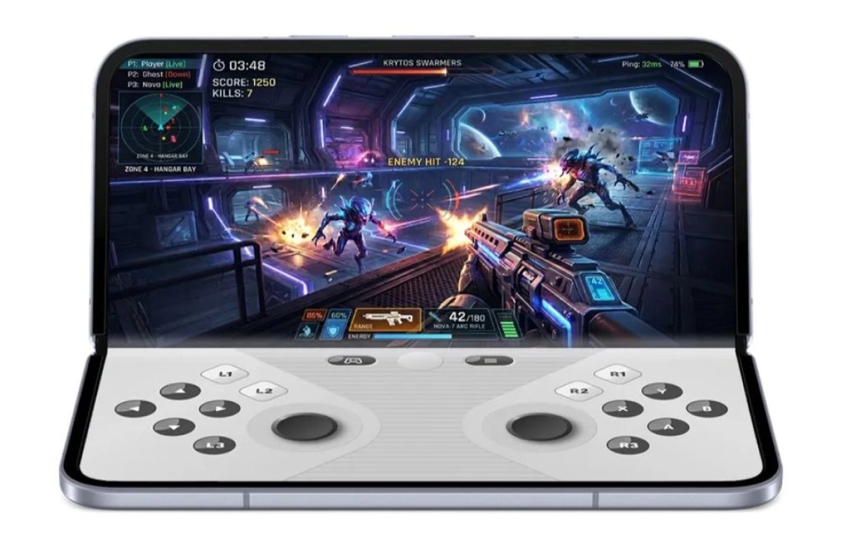 Foldable phone displaying intense sci-fi first-person shooter game.
