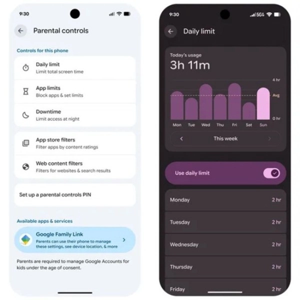 Google Family Link parental controls screen display