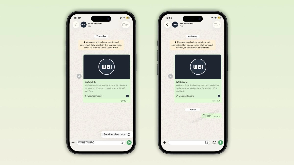 WhatsApp view once text message feature testing on iOS