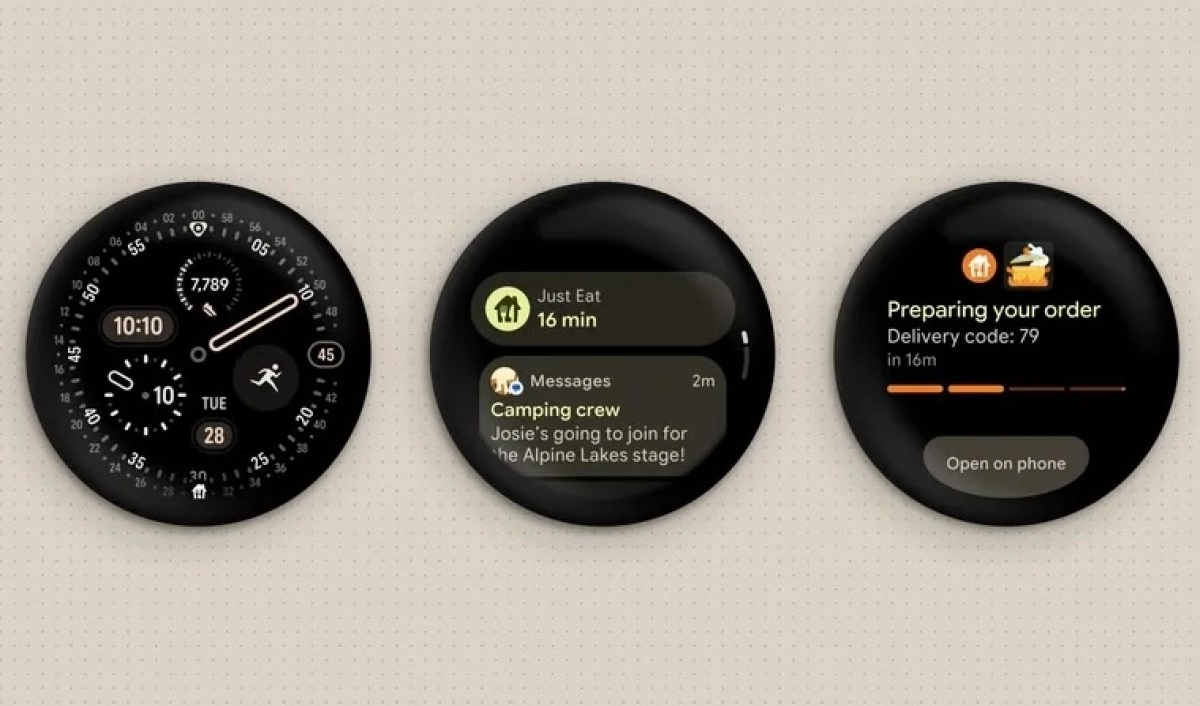 Pixel Watch screens showing Wear OS 7 features.