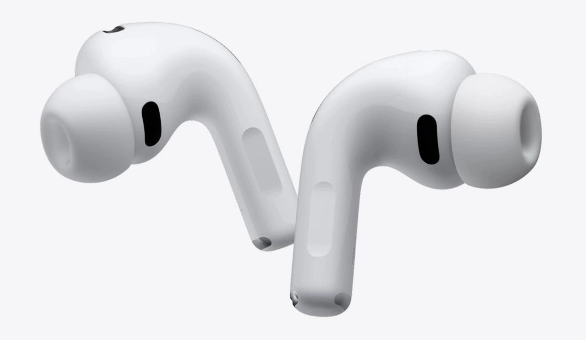 White Apple AirPods Pro earbuds.