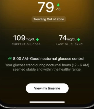Ultrahuman M2 Live CGM app glucose data.