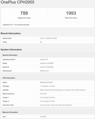 OnePlus CPH2955 Geekbench scores and chipset details.