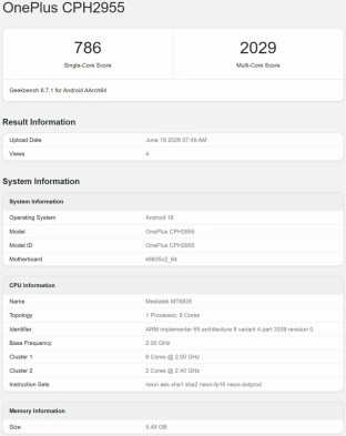 OnePlus CPH2955 Geekbench score and chipset details.