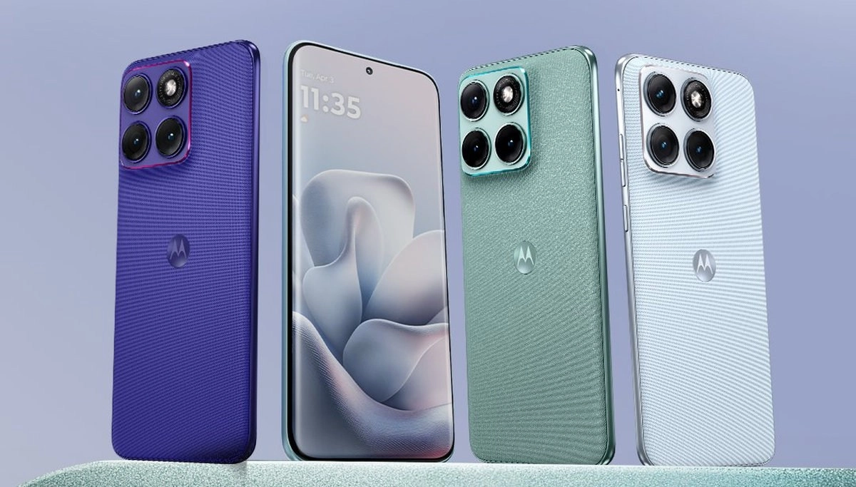 Motorola Edge 70 Fusion phones in purple, green, and blue.