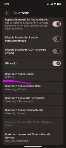 Pixel Bluetooth settings show LHDCv5 codec support.
