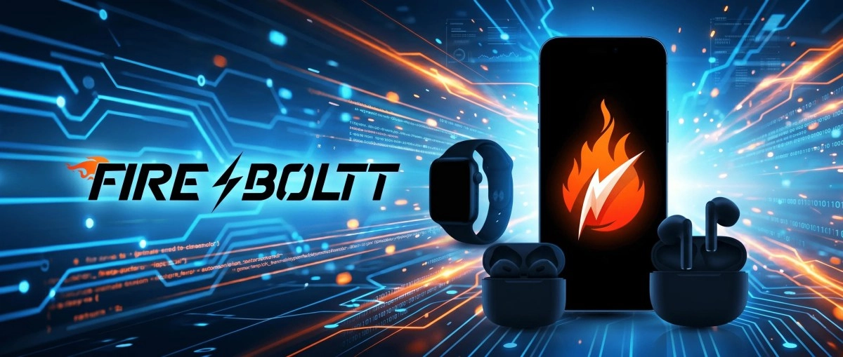 Fire-Boltt logo, smartphone, smartwatch, earbuds, tech background