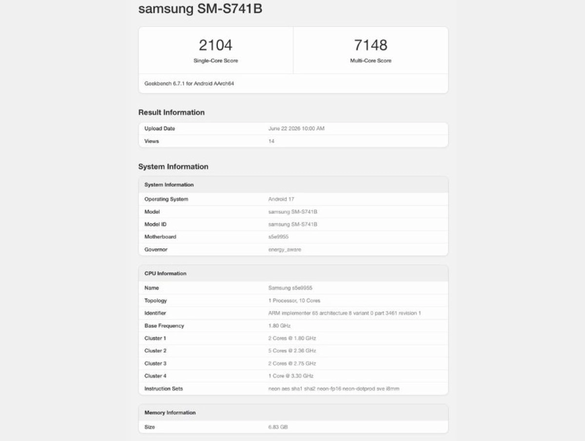 Samsung SM-S741B Geekbench 6.7.1 scores and system information.