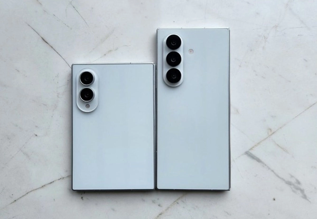 Two white Samsung Fold8 phones, side view.