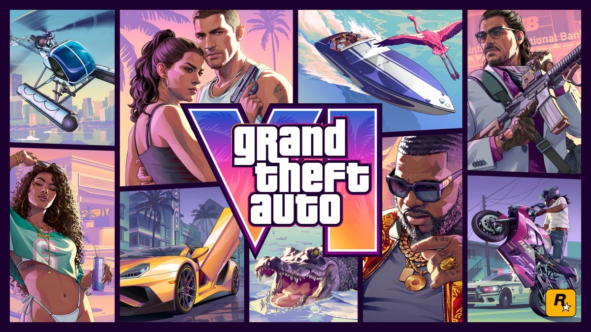 Grand Theft Auto VI montage with characters and vehicles.
