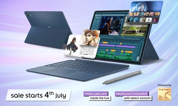 Motorola Moto Pad 70 Pro with stylus and keyboard.