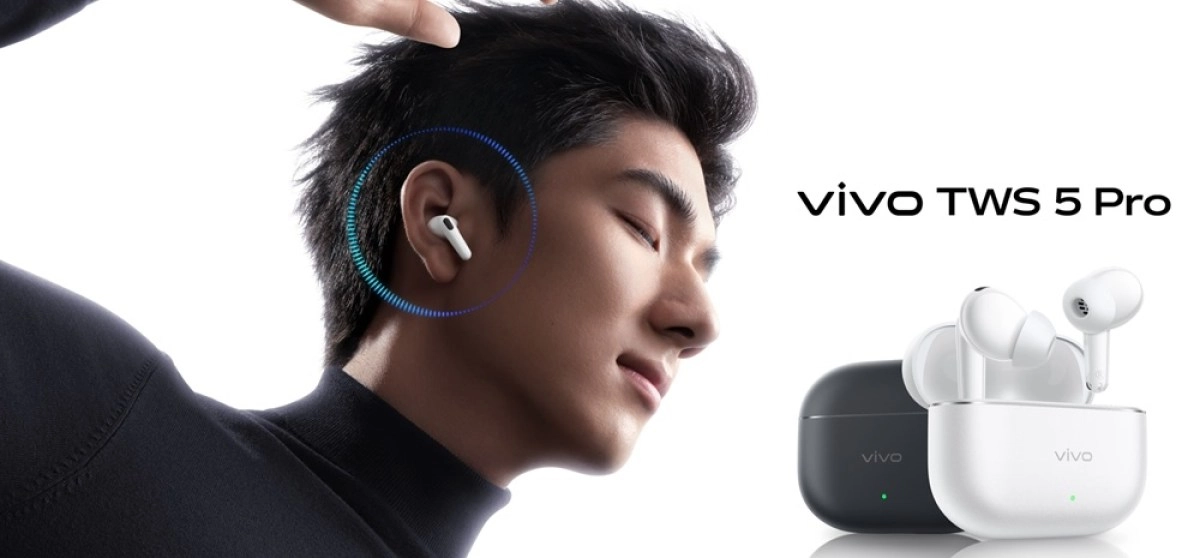 vivo TWS 5 Pro earbuds with charging case.