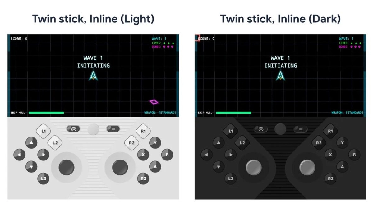 Foldable gaming twin stick inline controller UI.