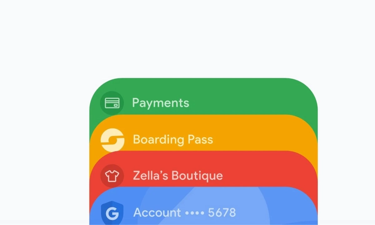 Google Wallet showing payments, boarding pass, and account.
