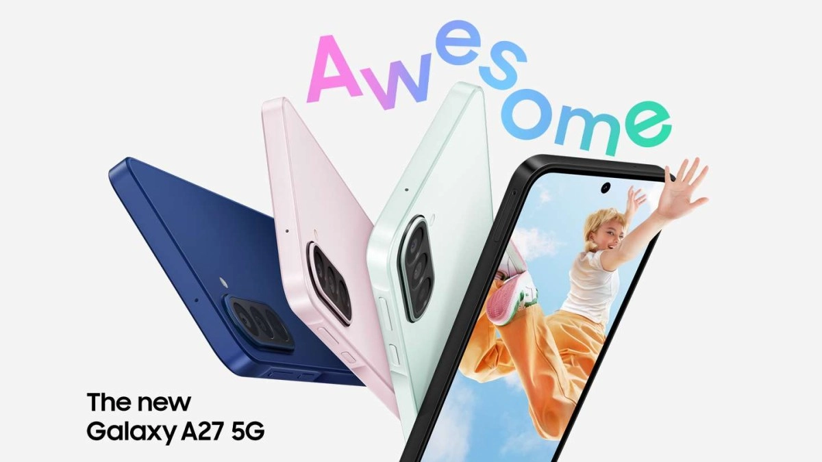 Samsung Galaxy A27 5G phones in blue, pink, green.