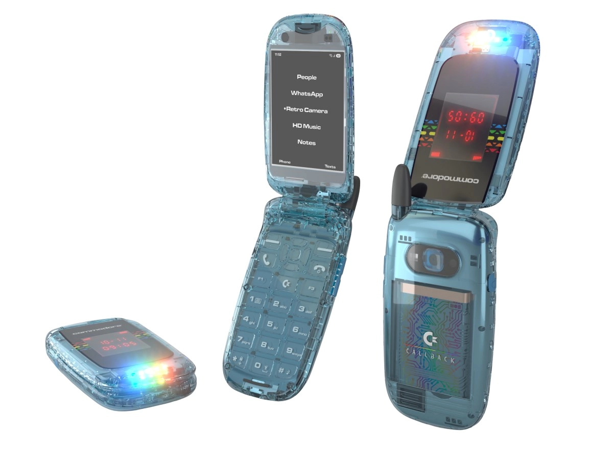Commodore Callback 8020 phones, blue, retro flip design
