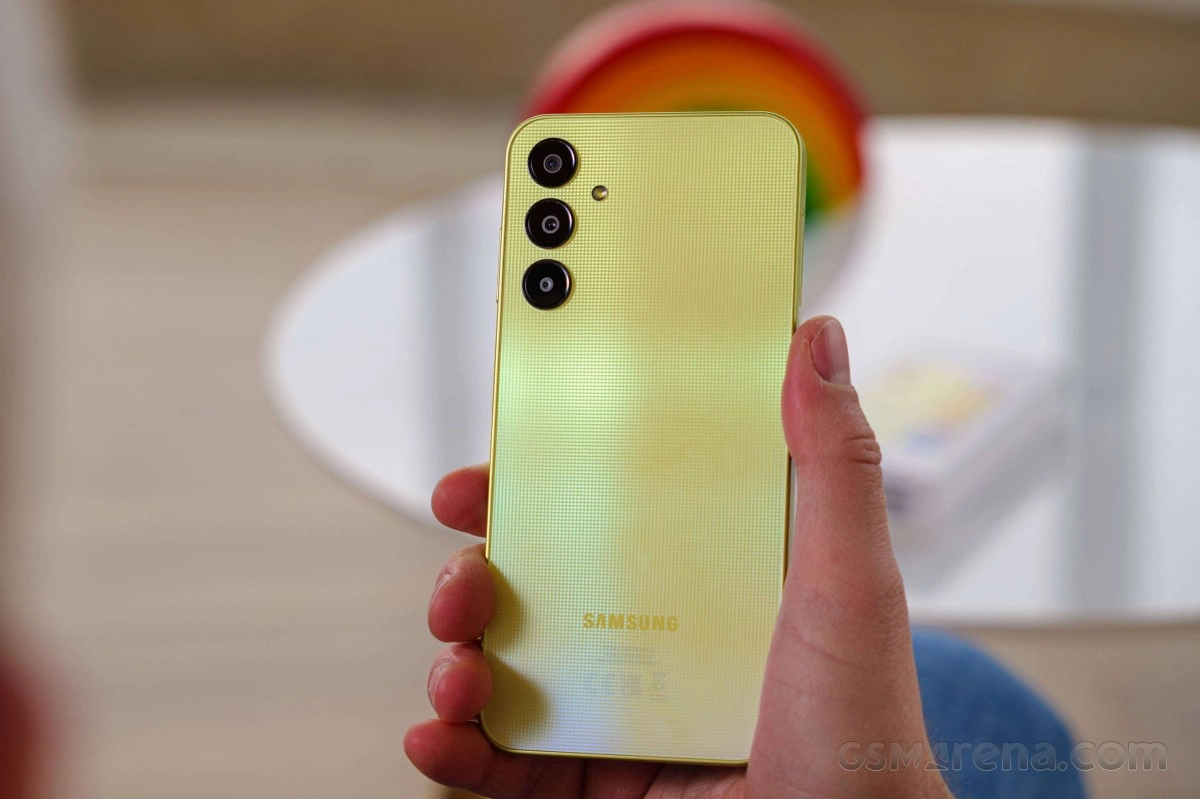 Yellow Samsung Galaxy A25 with triple cameras