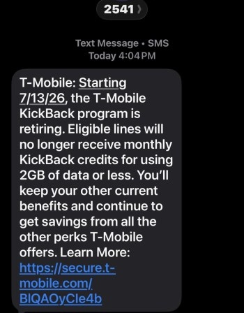 T-Mobile KickBack program text message announcement.
